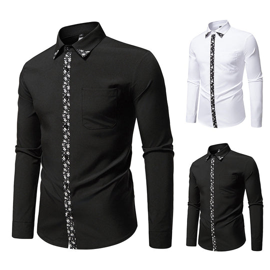 Herren elegantes Langarmhemd mit floralem Kragen und Brusttasche EB