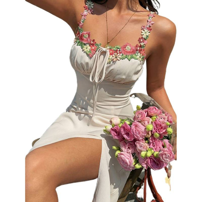Damen Maxikleid mit floralem Detail und verstellbarem Ausschnitt EB