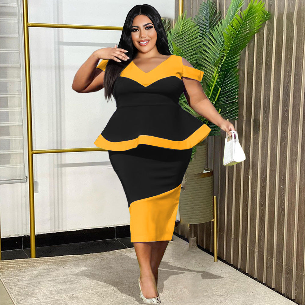 Damen Figurbetontes Peplum Kleid mit asymmetrischen Farbakzenten EB