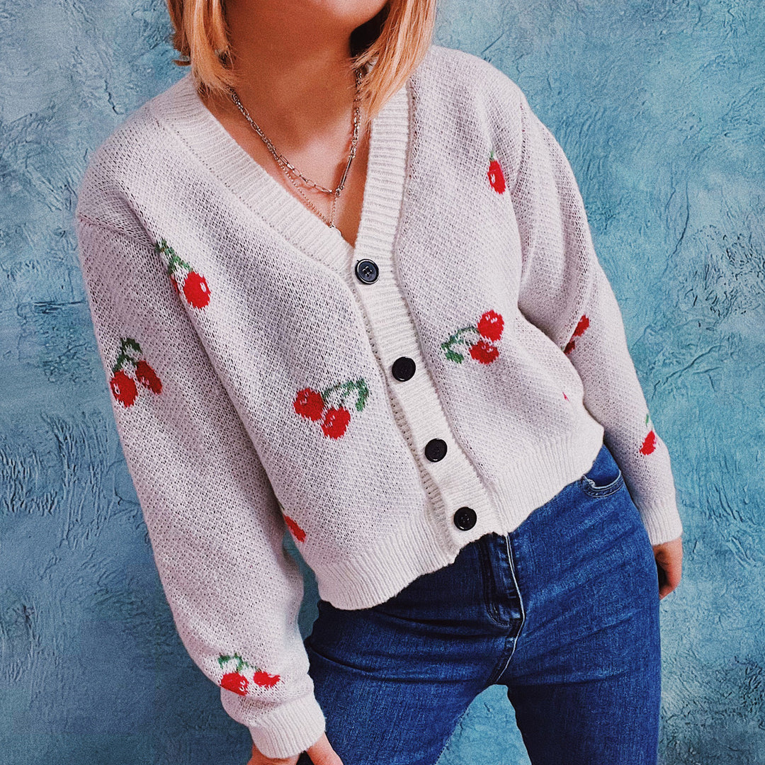 Damen Strickjacke im fröhlichen Kirschmotiv EB