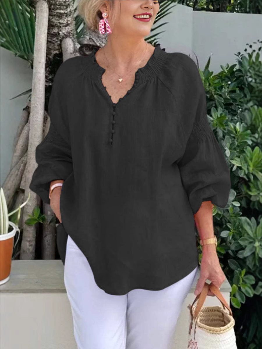 Damen lässige Kleidungsbluse mit Ballonärmeln und Knopfleiste EB