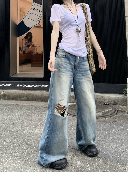 Damen Weit geschnittene Destroyed Jeans mit lässigem Schnitt und modischen Riss-Details EB