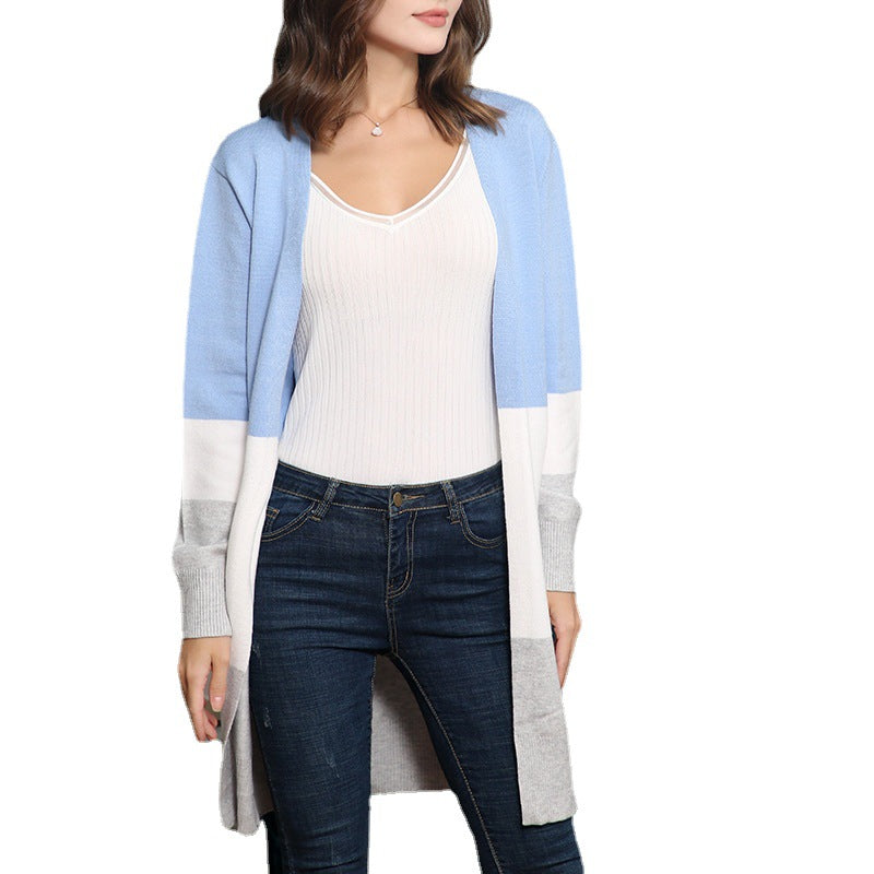 Damen lässige Strickjacke mit modernem Blockstreifenmuster und offenen Fronten EB