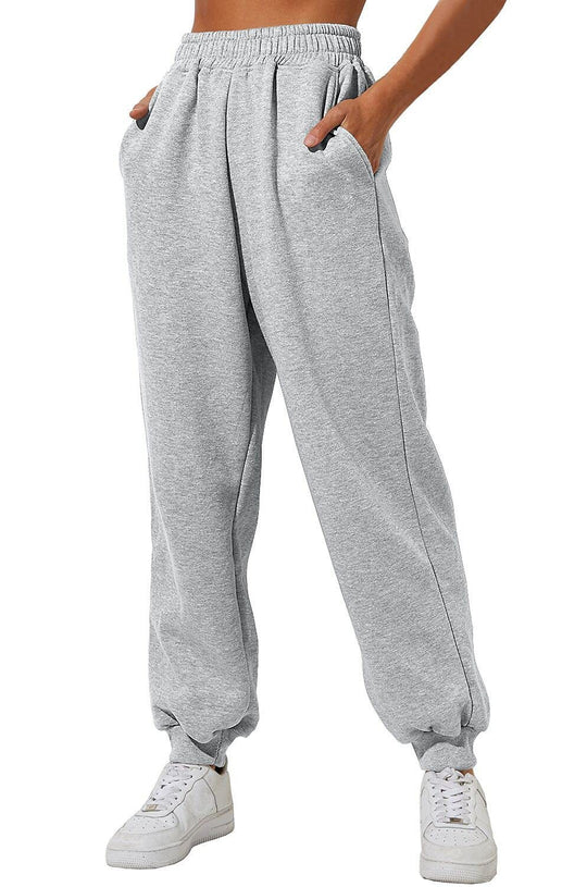 Damen nan lockere High‑Waist Jogginghose mit doppellagigem Komfortbund, seitlichen Eingrifftaschen und gerafften Knöchelbündchen EB