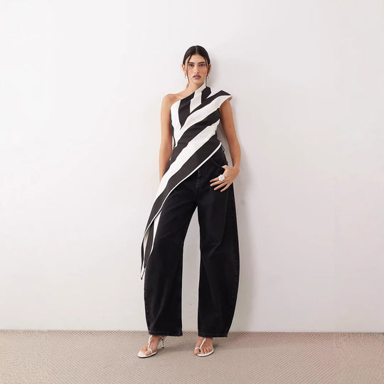 Damen asymmetrisches Wickeloberteil mit Streifenmuster EB