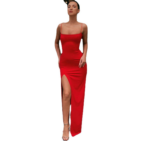 Damen Elegantes Maxikleid mit tiefem Seitenschlitz und schmalen Spaghetti-Trägern EB