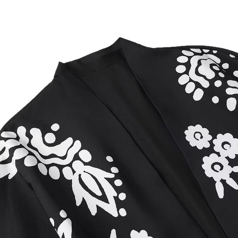 Damen Trendige Kimono-Jacke mit floralen Mustern und Taillengürtel EB
