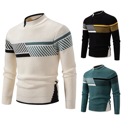 Herren nan gerippter Feinstrickpullover mit Stehkragen und kontrast-Blockdesign EB
