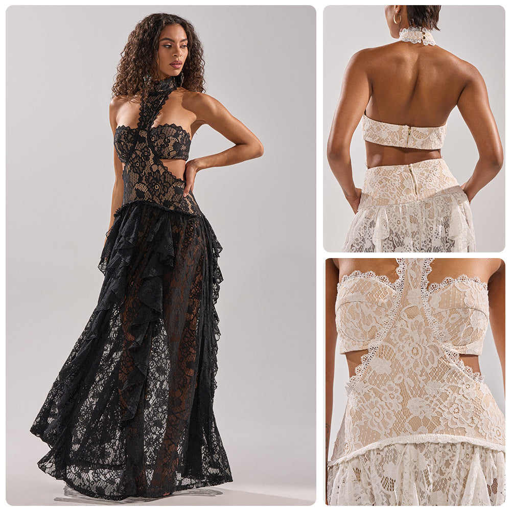 Damen elegante Spitzentraumkleid mit hochgeschlossenem Kragen und fließendem Rock EB