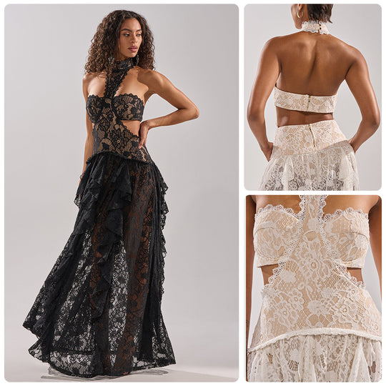 Damen elegante Spitzentraumkleid mit hochgeschlossenem Kragen und fließendem Rock EB