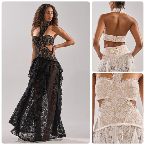 Damen elegante Spitzentraumkleid mit hochgeschlossenem Kragen und fließendem Rock EB