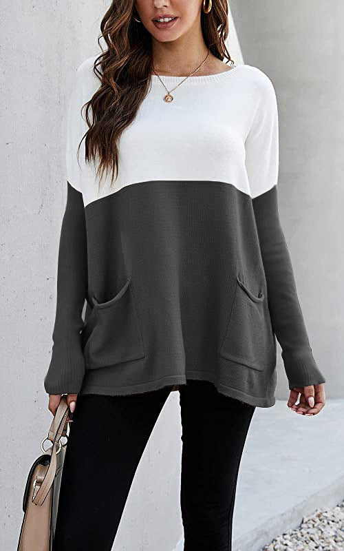 Damen Strickpullover mit großen Fronttaschen und kontrastiertem Design EB
