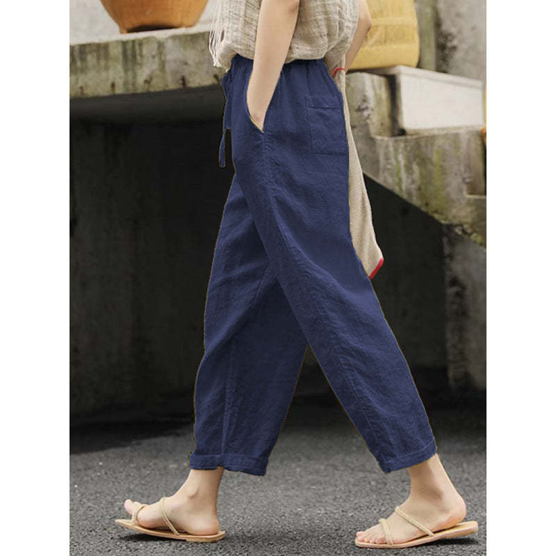 Damen lässige Leinenhose mit elastischem Bund und seitlichen Taschen EB