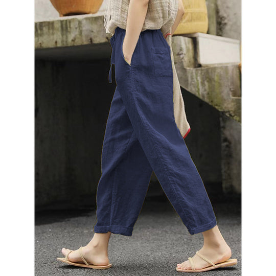 Damen lässige Leinenhose mit elastischem Bund und seitlichen Taschen EB