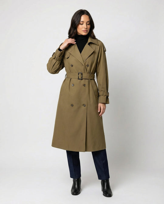 Damen Damenmode doppelreihiger Trenchcoat mit tailliertem Bindegürtel und voluminösen Ballonärmeln EB