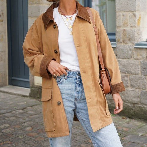Damen lässige Baumwolljacke mit weichem Kragen und praktischen Taschen EB