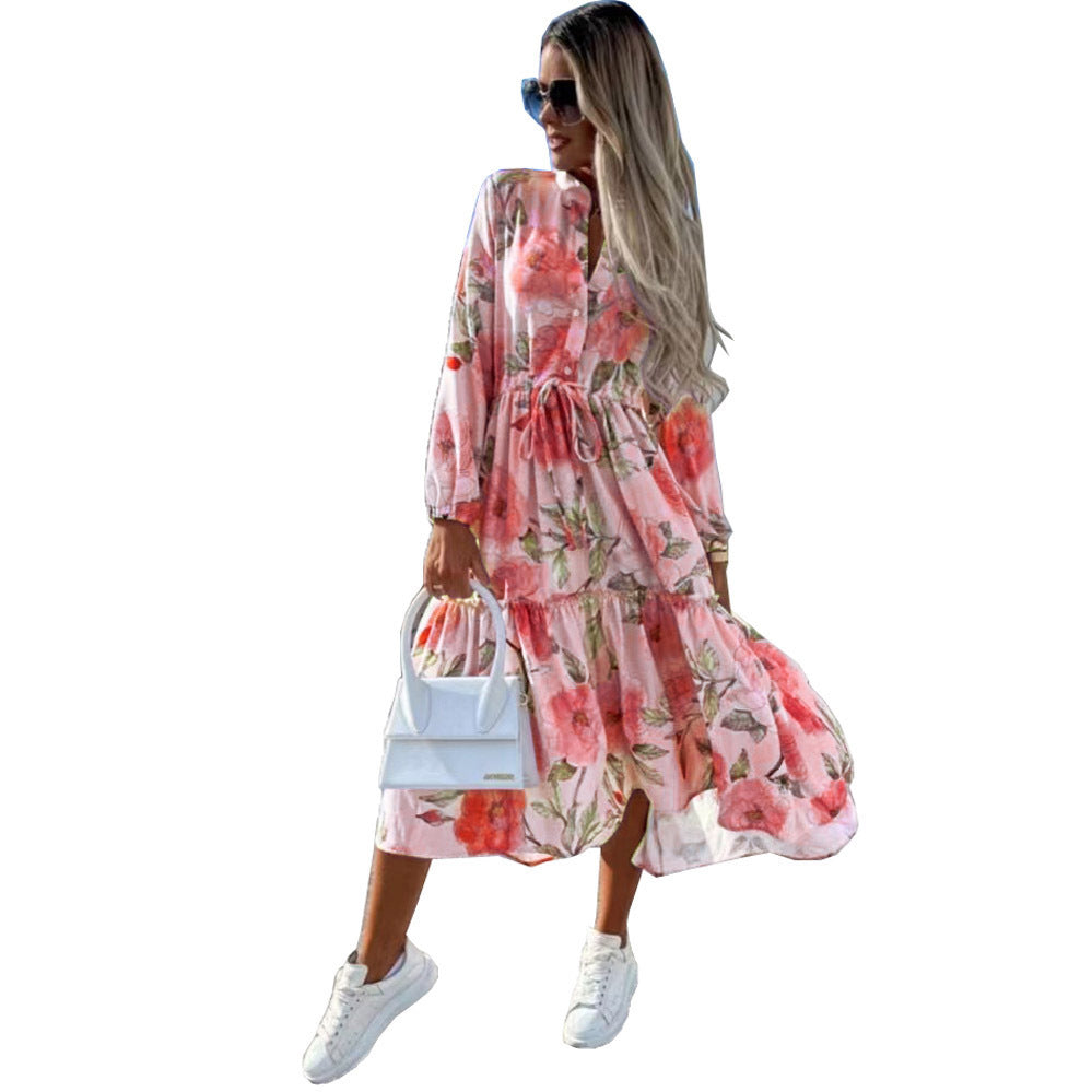 Damen Langarm-Hemdkleid mit lässiger Silhouette und Taillenzug EB