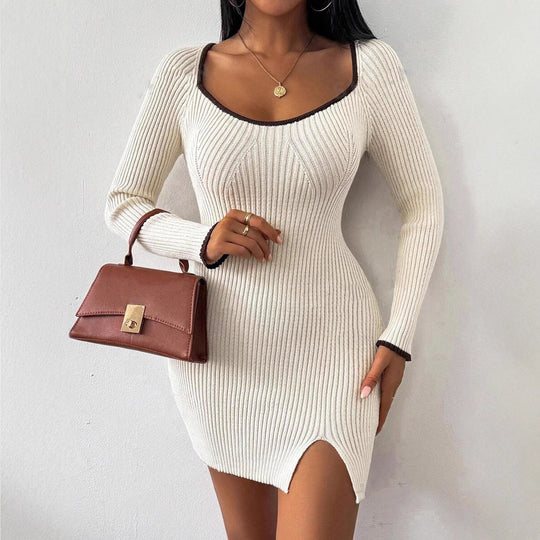 Damen Strickkleid mit schmalem Schnitt und raffiniertem Ausschnitt EB