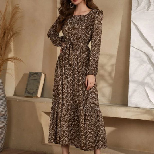 Damen Maxikleid im Boho-Stil mit weitem Rock und Taillengürtel EB