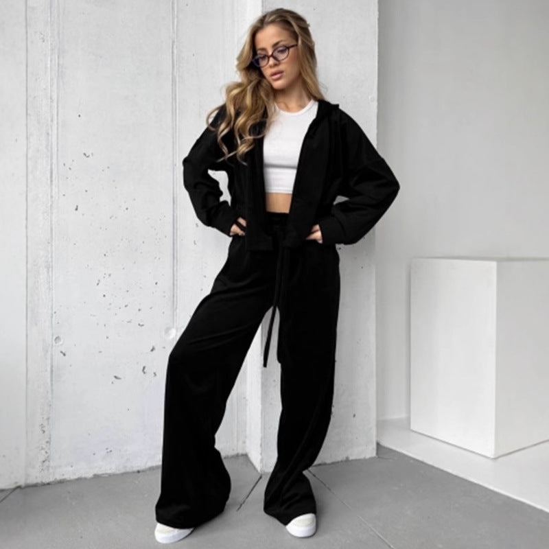 Damen weicher Velours Zweiteiler mit Kapuzenjacke und weiter Jogginghose EB