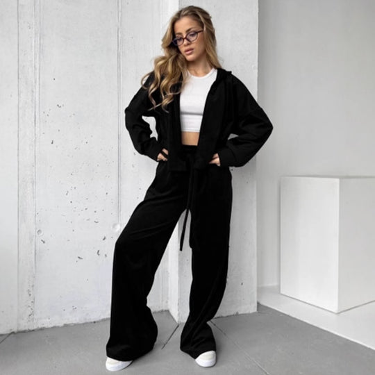 Damen weicher Velours Zweiteiler mit Kapuzenjacke und weiter Jogginghose EB