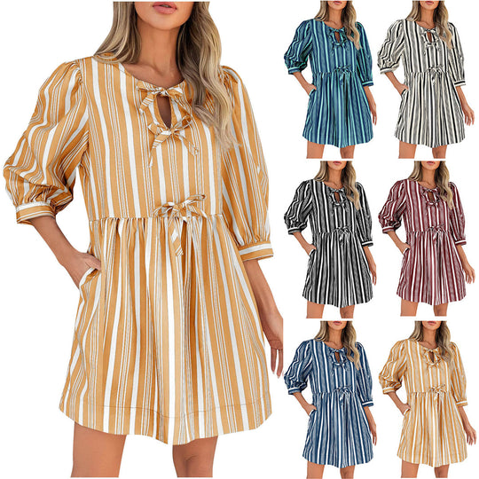 Damen lässiges gestreiftes Sommerkleid mit taillierter Silhouette EB