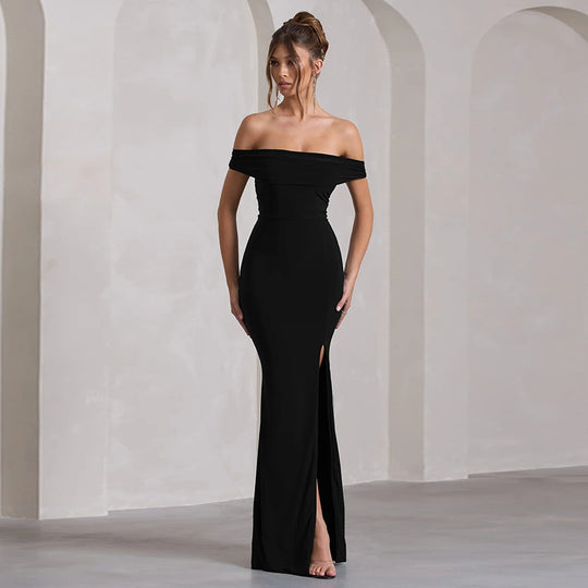 Damen Maxi-Kleid mit schulterfreiem Design und elegantem Schlitz EB