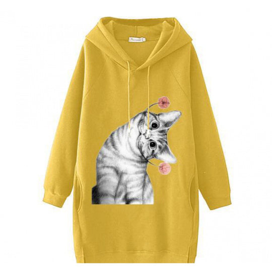 Damen Oversize Kapuzenkleid aus Sweat mit großem Katzenprint und Seitentaschen EB