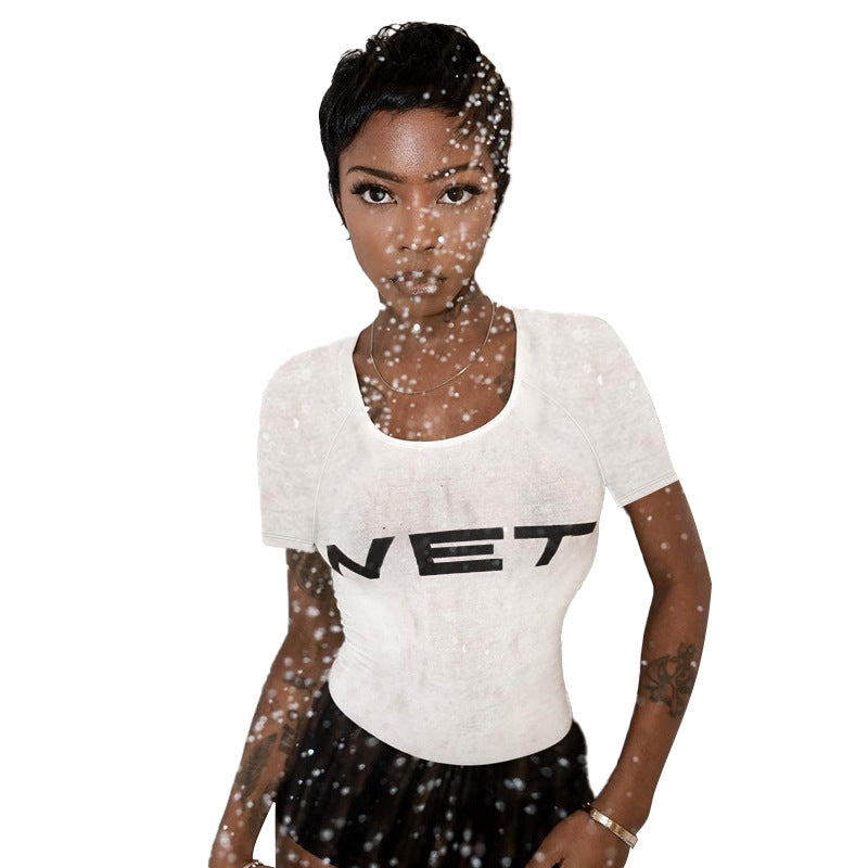 Damen figurbetontes T-Shirt mit modernem Logodruck EB