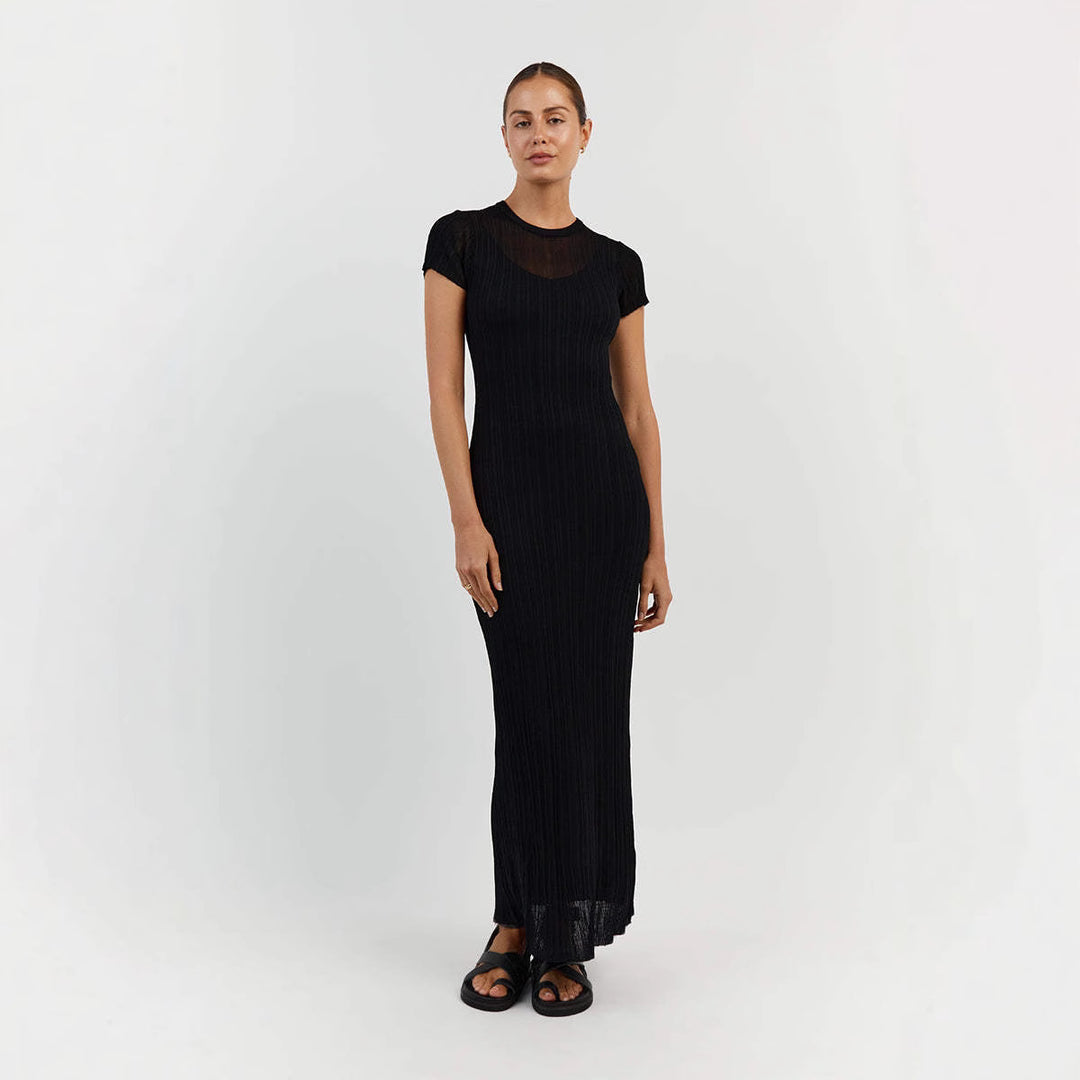 Damen Elegantes Maxikleid mit feiner Rippstruktur und kurzen Ärmeln EB