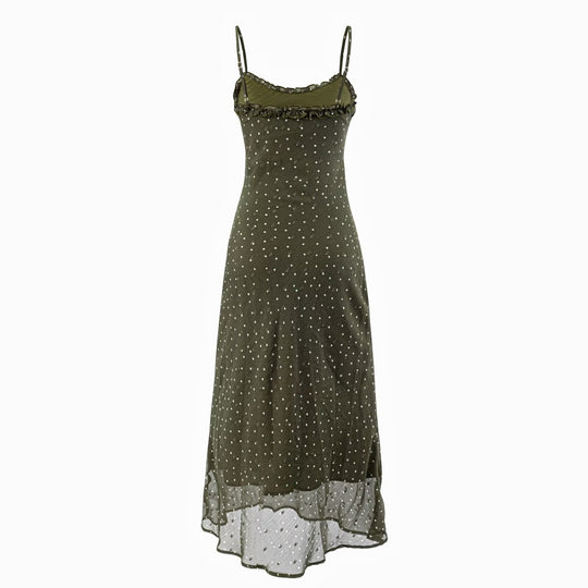 Damen Maxikleid mit zarten Spaghettiträgern und Punktmuster EB