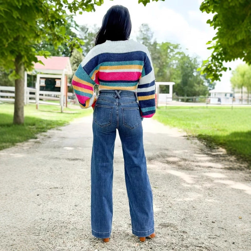 Damen Weit geschnittene Hochbundjeans mit modernen Waschungen EB