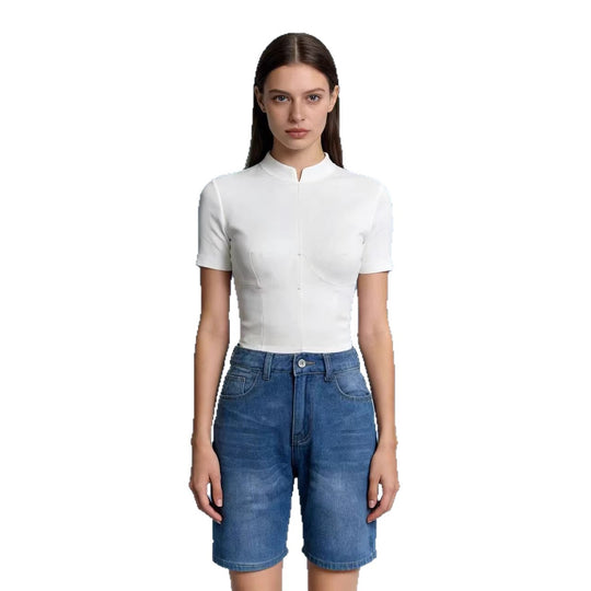 Damen figurbetontes Cropped Oberteil mit Stehkragen und kurzen Ärmeln EB