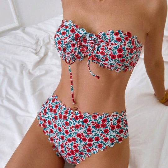 Damen Bikini-Set mit romantischem Rüschendesign und floralem Muster EB
