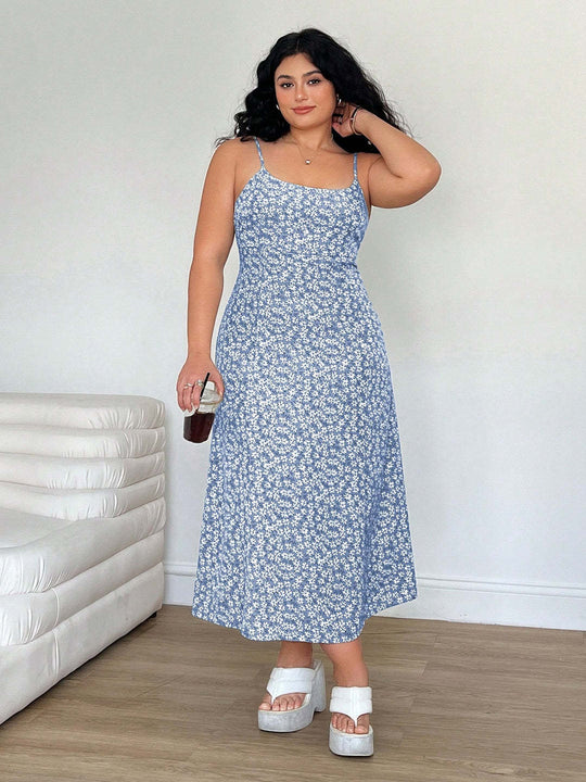 Damen Maxikleid mit feinem Blumenmuster und verstellbaren Spaghettiträgern EB