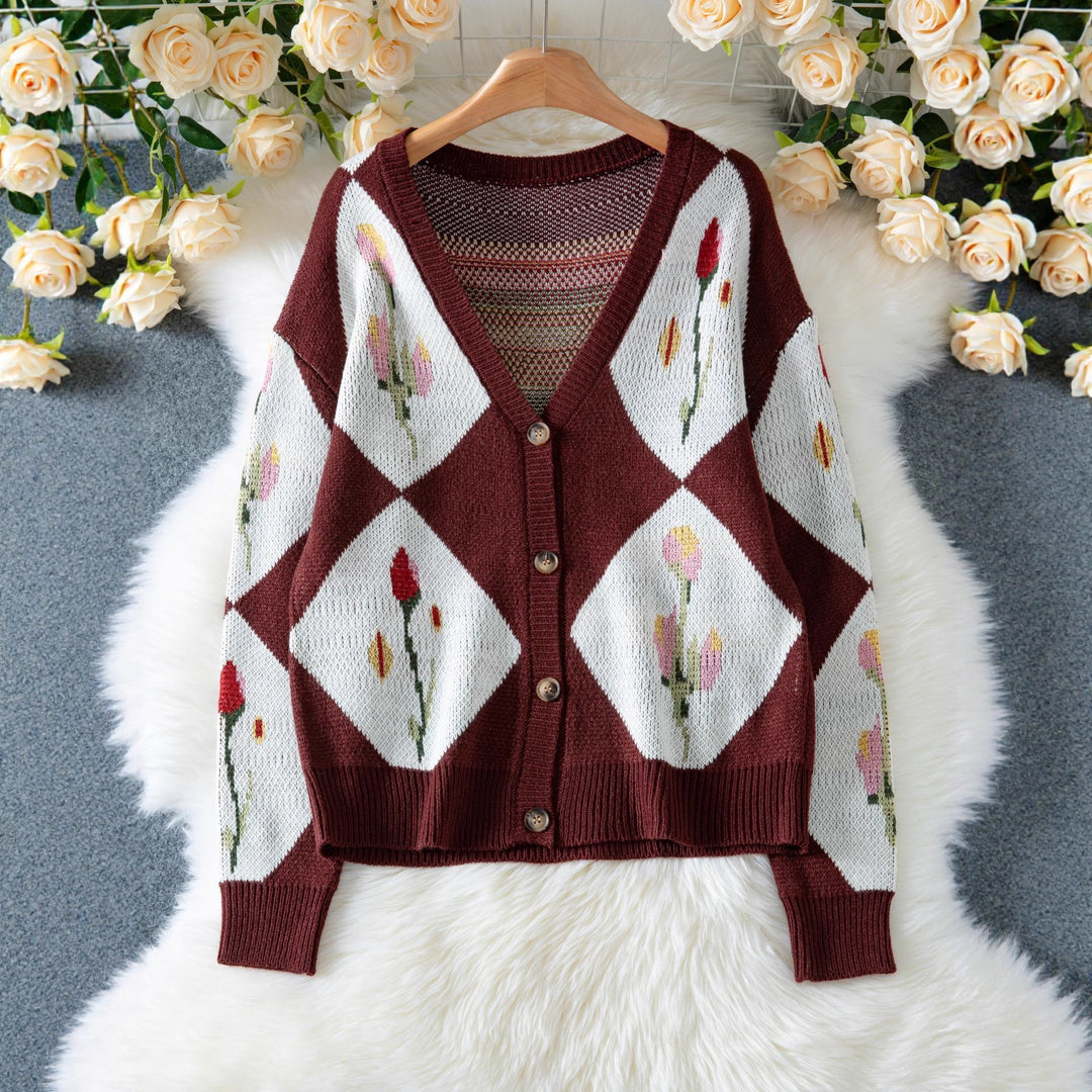Damen Strickjacke mit floralem Muster und dekorativem Knopfdesign EB