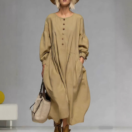 Damen Lässiges Midi-Kleid mit Knopfleiste, Ballonärmeln und Eingrifftaschen EB