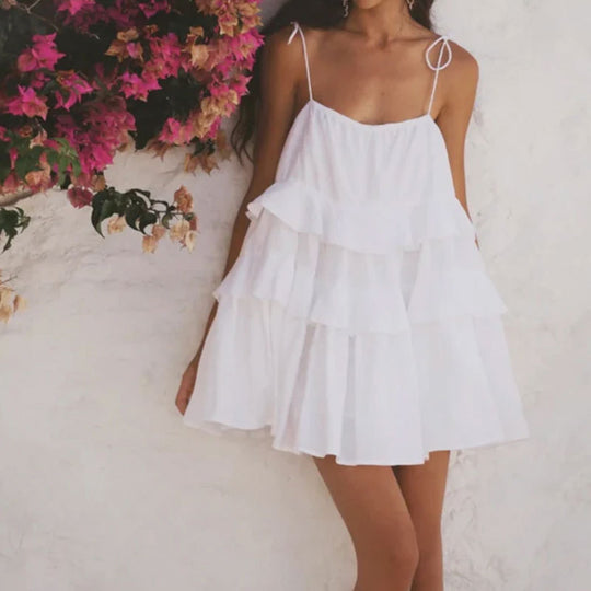 Damen luftiges Sommerkleid mit Rüschendetails und verstellbaren Trägern EB