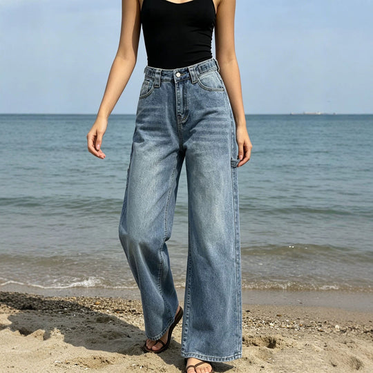 Damen nan weite High‑Waist Carpenter-Denimhose mit Utility-Seitentasche und ausgestelltem Bein EB