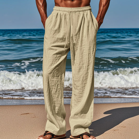 Herren Leichte Leinenhose mit weitem Schnitt, Elastikbund und Kordelzug EB