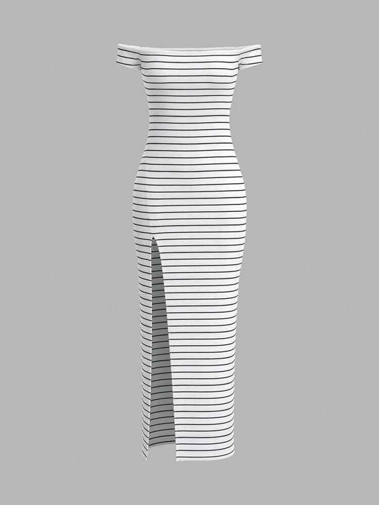Damen Figurbetontes Kleid mit Off-Shoulder-Ausschnitt und Schlitz EB