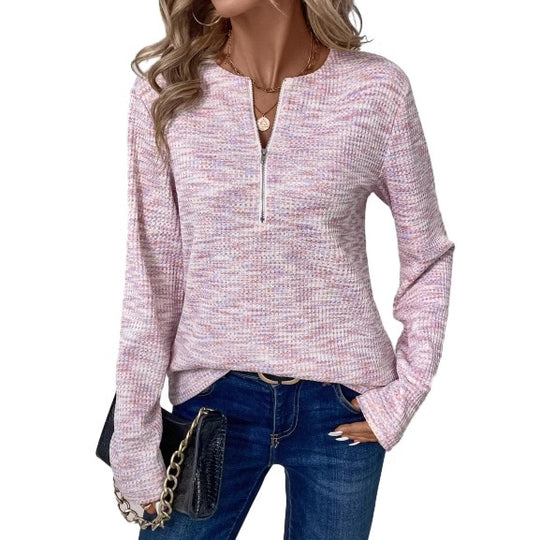 Damen leichter Pullover mit halbem Reißverschluss und strukturierter Oberfläche EB