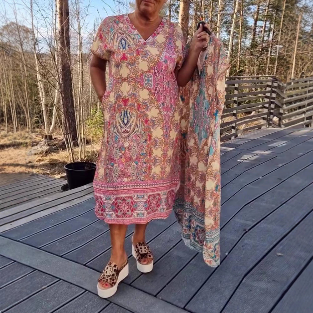 Damen nan luftiges V-Ausschnitt-Kleid im Paisley-Print mit Eingrifftaschen und passendem Pareo EB