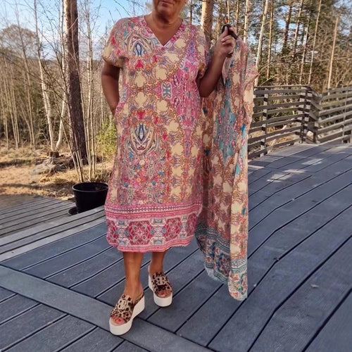 Damen nan luftiges V-Ausschnitt-Kleid im Paisley-Print mit Eingrifftaschen und passendem Pareo EB