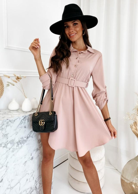 Damen Hemdblusenkleid mit taillierter Gürtel und asymmetrischem Saum EB