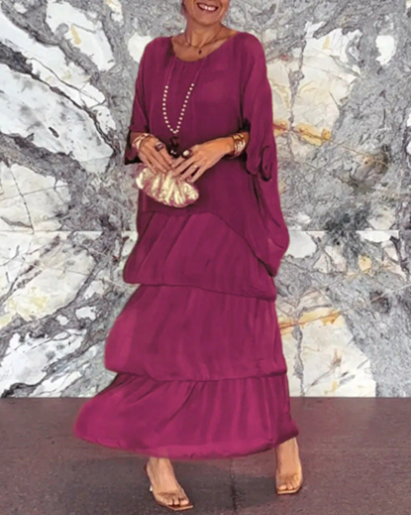 Damen Maxikleid mit fließendem Rock und eleganten Rüschendetails Heidi-Mode