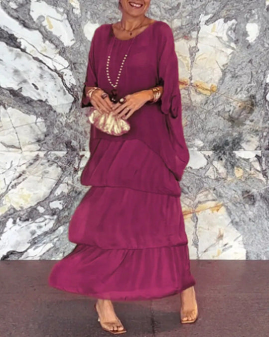 Damen nan bodenlanges Stufenkleid mit weiten Fledermausärmeln und lockerer Silhouette EB