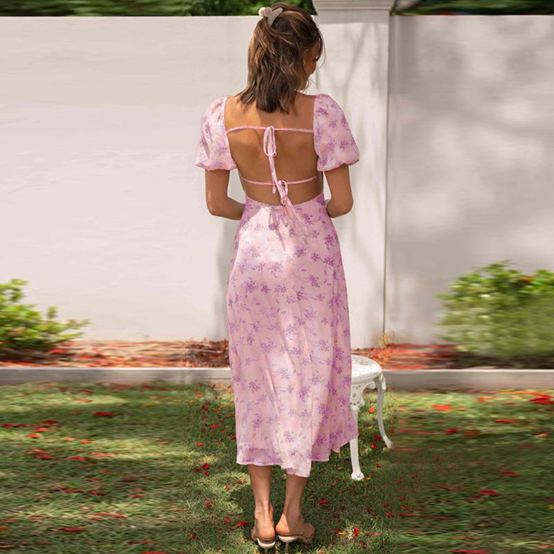 Damen Midikleid mit Puffärmeln und elegantem Blumendruck EB