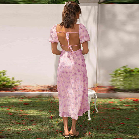 Damen Midikleid mit Puffärmeln und elegantem Blumendruck EB