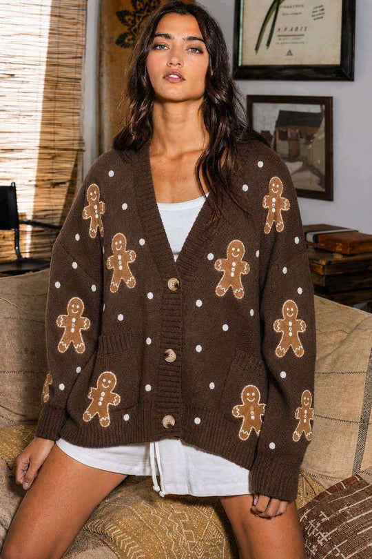 Damen nan oversized Strickcardigan mit Lebkuchenstickerei und tiefem V-Ausschnitt EB